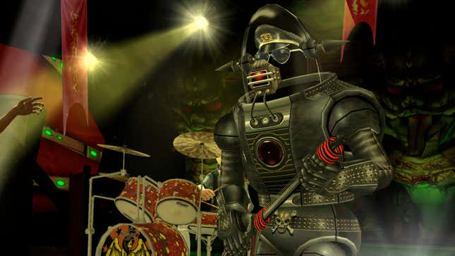 Guitar Hero World Tour: Definitive Edition showcases Metalhead shredding on stage. 